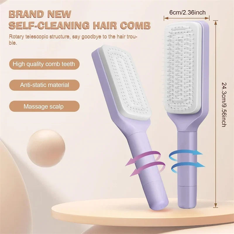 Self-Cleaning Hairbrush with Anti-Static Massage Comb and Automatic Rotating Retractable Design