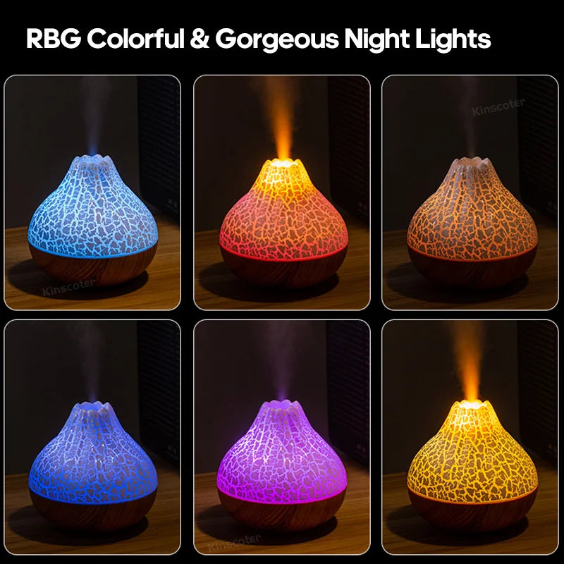 Elevate Your Space with the 300ml Volcano Air Humidifier - USB Powered, Colorful Night Light & Ultrasonic Purification