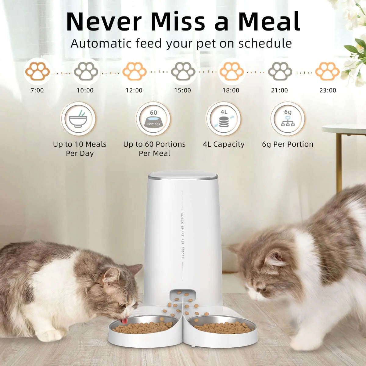 Revolutionize Your Pet Care with the ROJECO Smart Automatic Cat Feeder - WiFi & Remote Control Enabled for Hassle-Free Feeding!